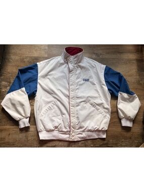 Vintage Dunbrooke Pla-Jac White, Blue, and Red PFISTER Hybrids Bomber Jacket